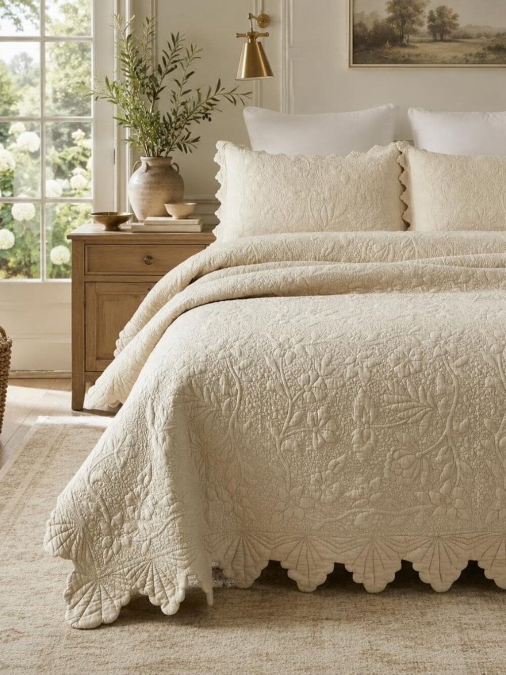 Full Size Quilt Set Cotton Beige Farmhouse Matelasse Coverlet Set Hand-Crafted